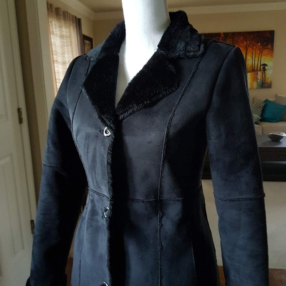 Black Faux Suede Faux Fur Shearling Coat from Italy - Picture 14 of 14